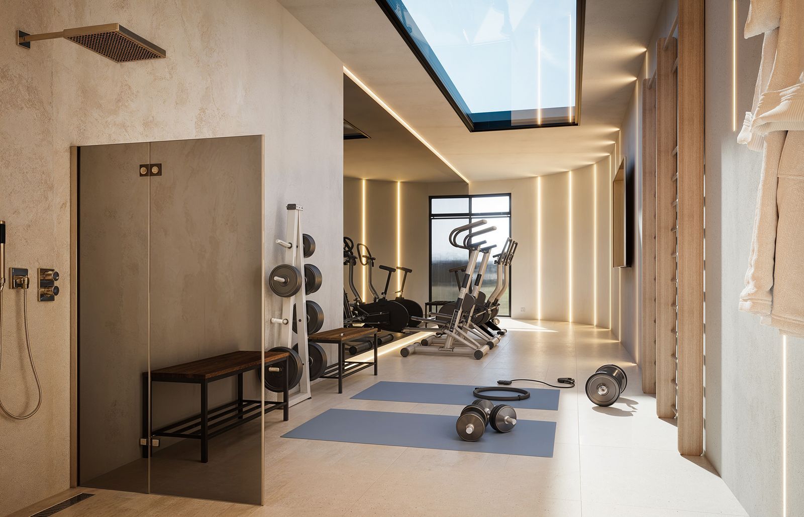 Moderne thuisgym met douche en fitnessapparatuur.