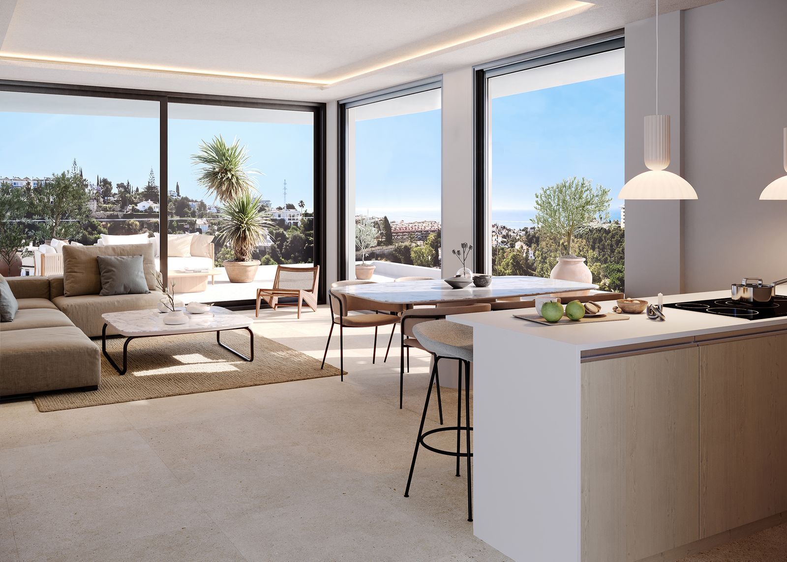 Moderne open woonkamer met prachtig uitzicht